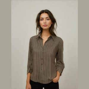 New York and Co brown, black and gold striped button down blouse, size Medium